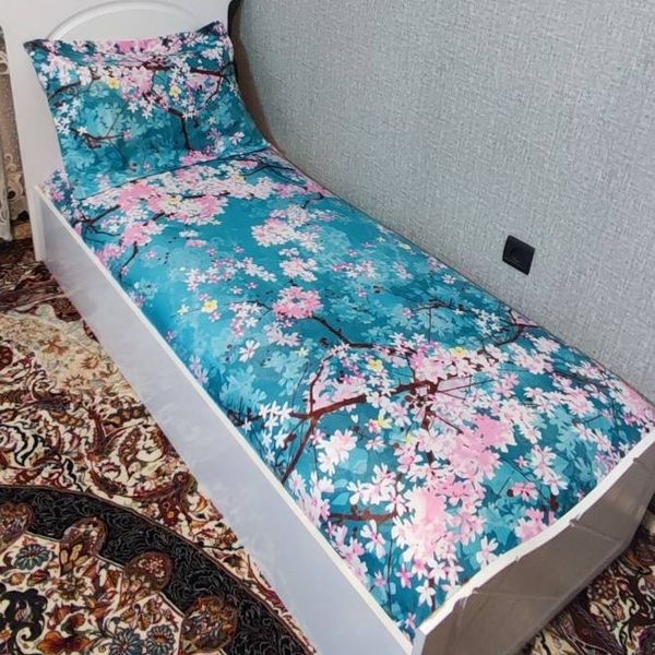 روتختی یک نفره طرح شکوفه صورتی زمینه فیروزه ای