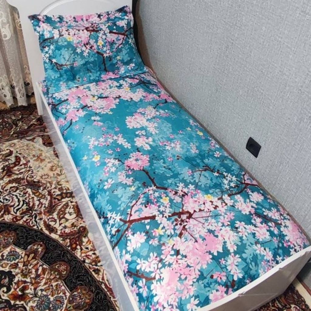 مشخصات روتختی یک نفره طرح شکوفه صورتی زمینه فیروزه ای