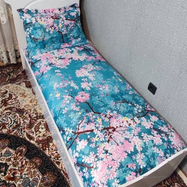 روتختی یک نفره طرح شکوفه صورتی زمینه فیروزه ای