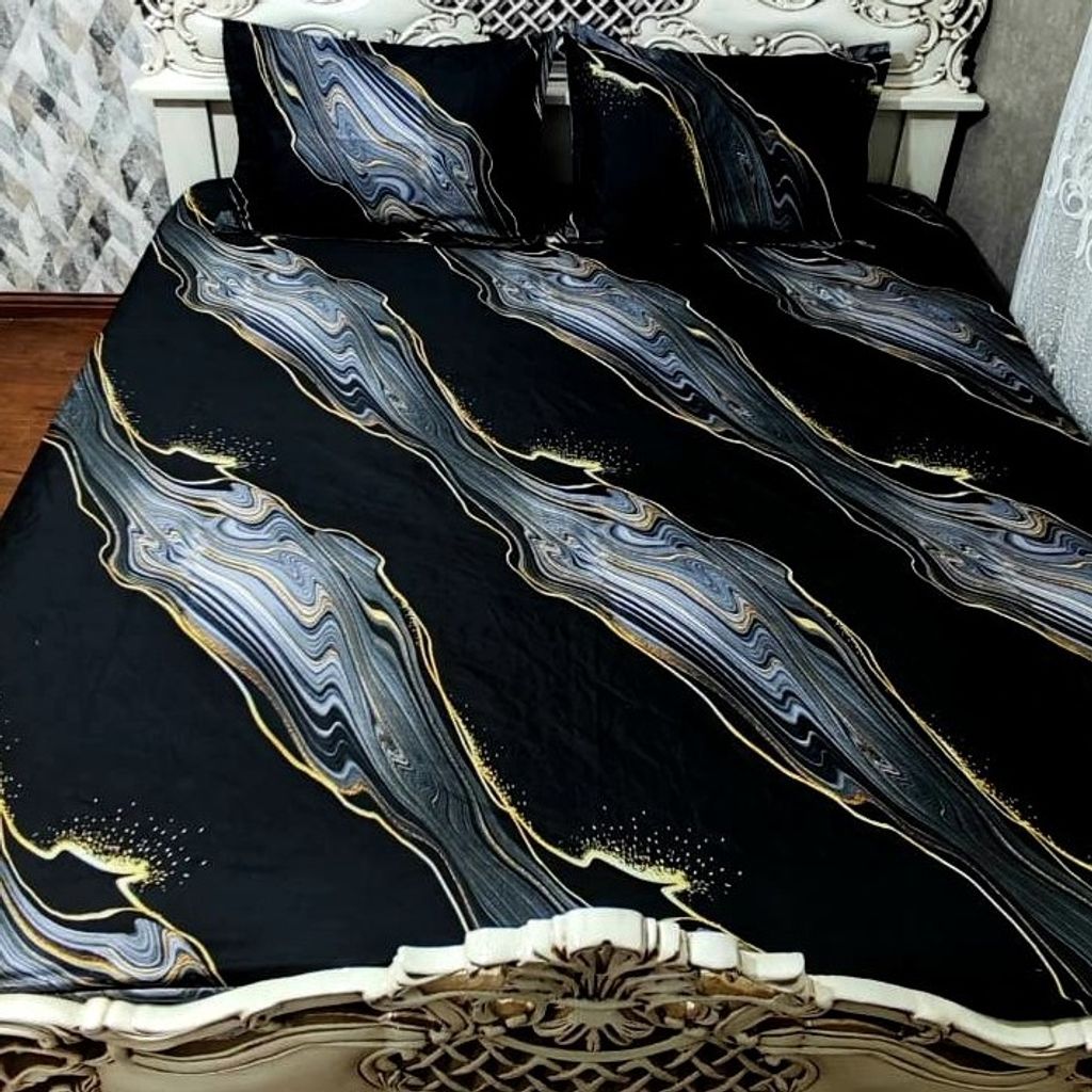 مشخصات روتختی دونفره مشکی خط طلایی سایه طوسی محلفه کش دار دونفره