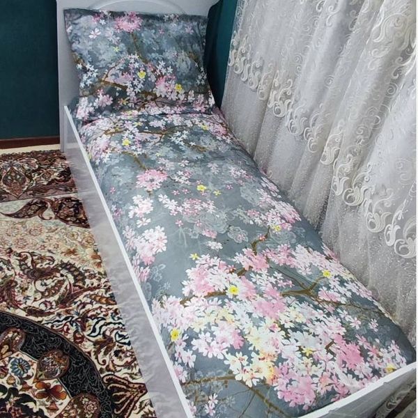 روتختی یک نفره شکوفه طوسی گل ریز صورتی ملحفه و روکش تخت یک نفره