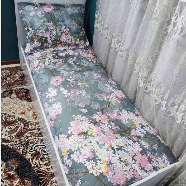 روتختی یک نفره شکوفه طوسی گل ریز صورتی ملحفه و روکش تخت یک نفره