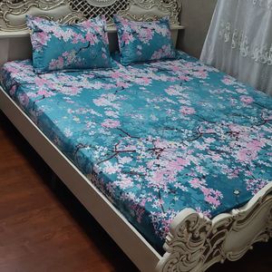 خرید اینترنتی روتختی دونفره کشدوزی شده سبز فیروزه ای شکوفه گل صورتی