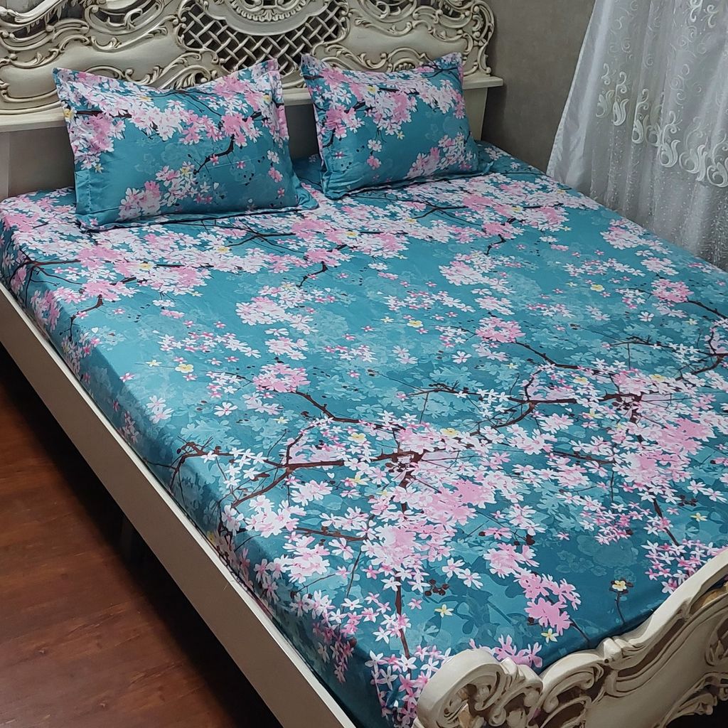فروش اینترنتی روتختی دونفره کشدوزی شده سبز فیروزه ای شکوفه گل صورتی