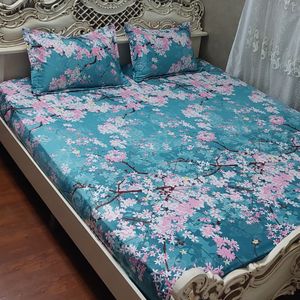 فروش اینترنتی روتختی دونفره کشدوزی شده سبز فیروزه ای شکوفه گل صورتی