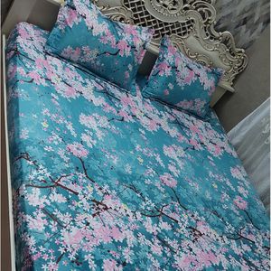 قیمت ارزان روتختی دونفره کشدوزی شده سبز فیروزه ای شکوفه گل صورتی