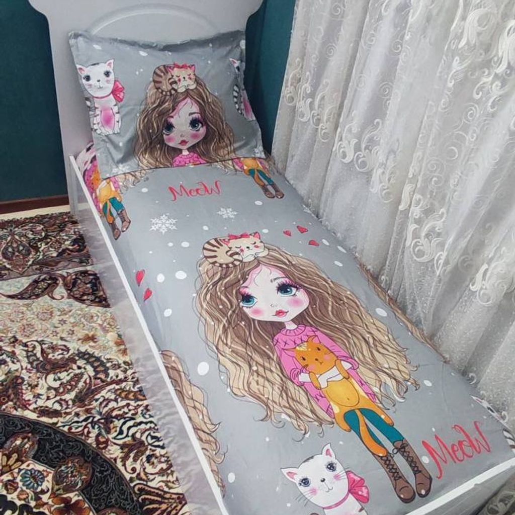 خرید انلاین روتختی یک نفره دخترانه طوسی عروسکی مو فر فری توسی