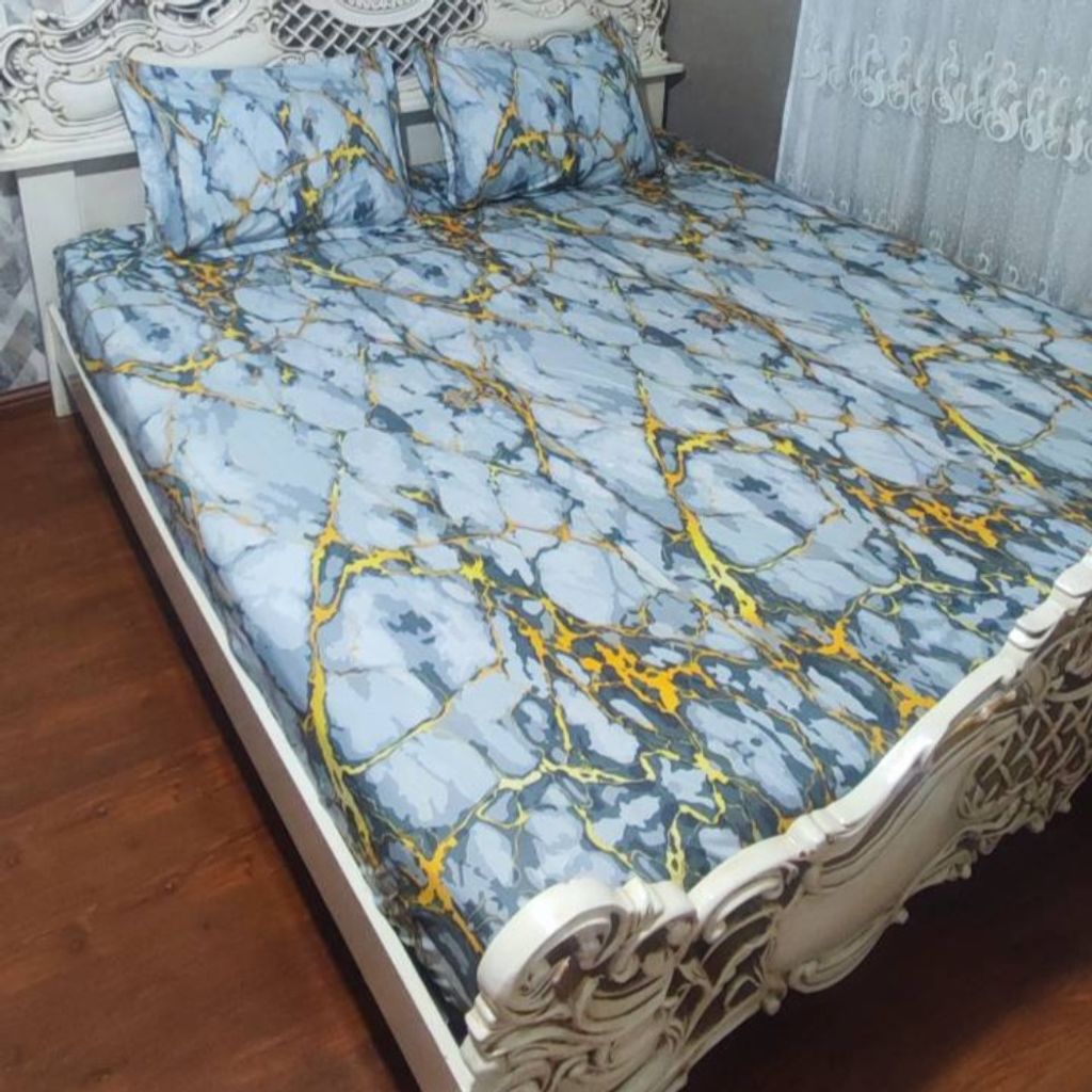 مشخصات روکش تشک تخت دونفره  طرح ماربل سفید طلایی