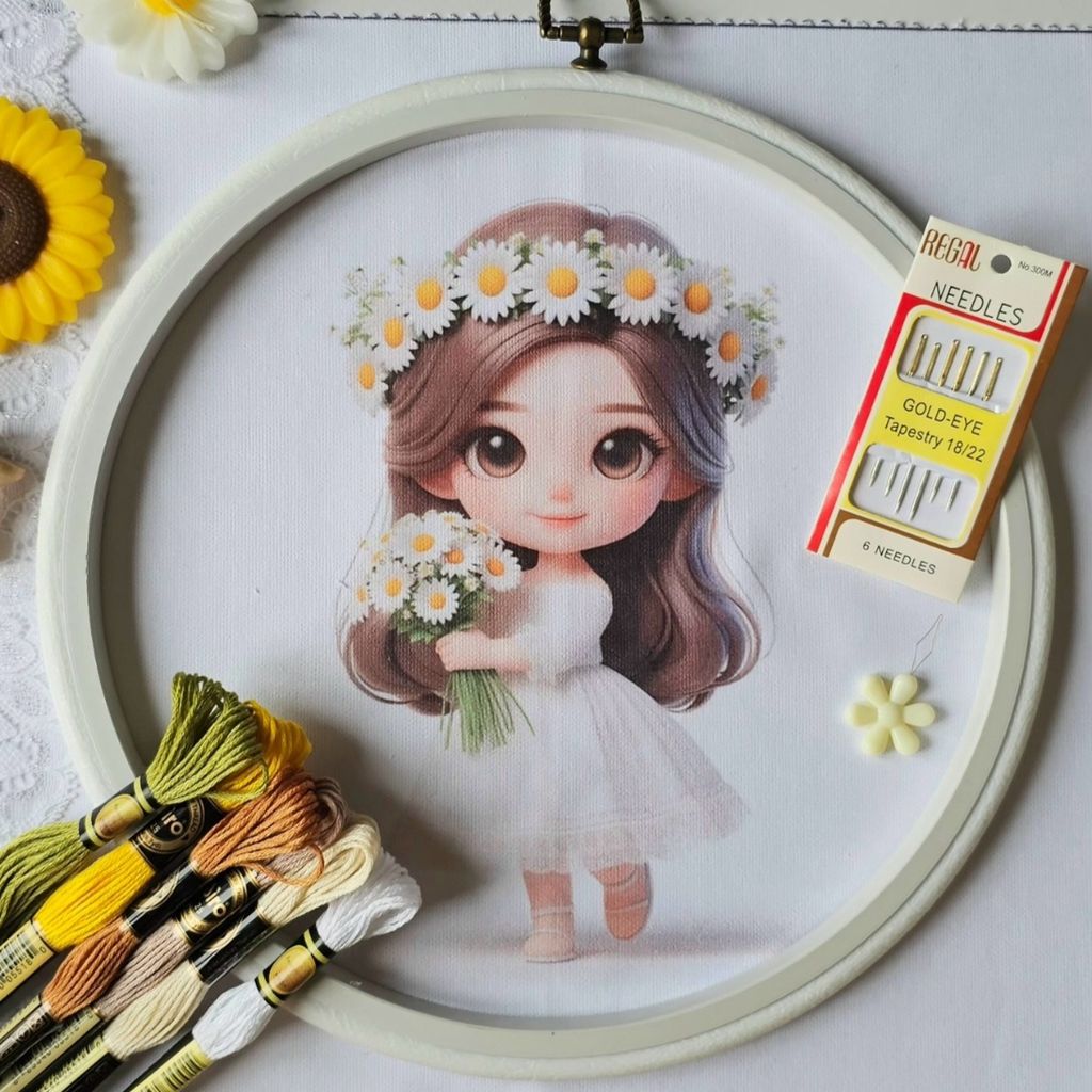 خرید آنلاین پک آماده گلدوزی طرح دخترک عروس با گل بابونه
