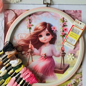خرید انلاین پک آماده گلدوزی طرح دخترک تاب سوار