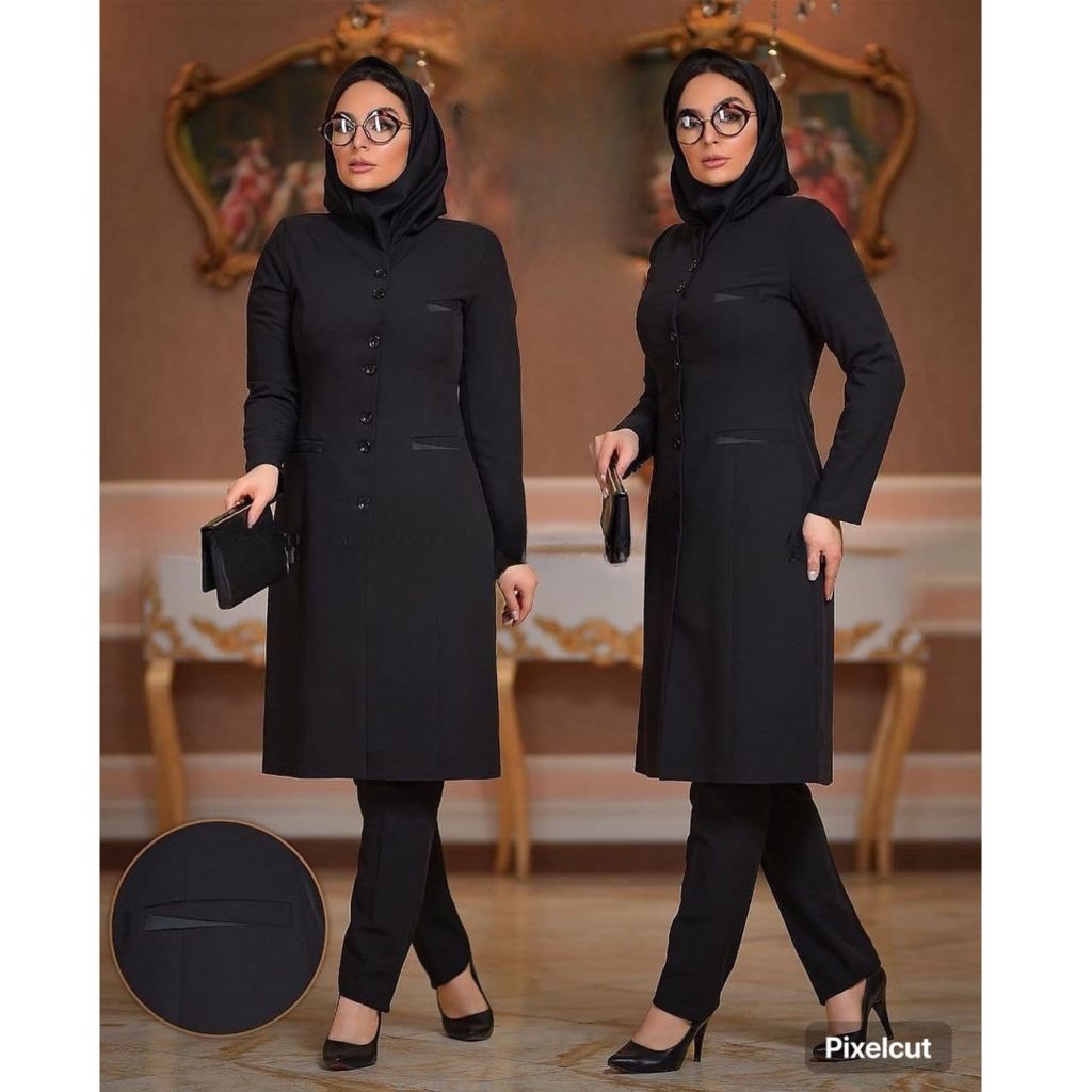 مشخصات مانتو شلوار اداری فیونا یقه خشتی آستردار