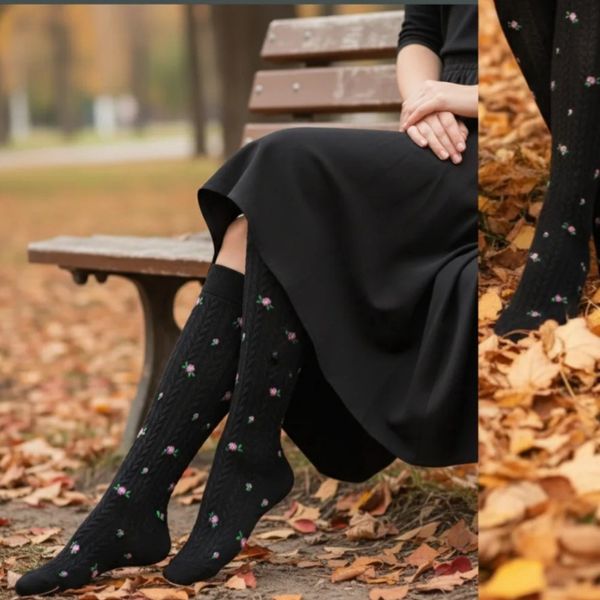 جوراب زنانه زیر زانو طرح گندمی شکوفه ریز