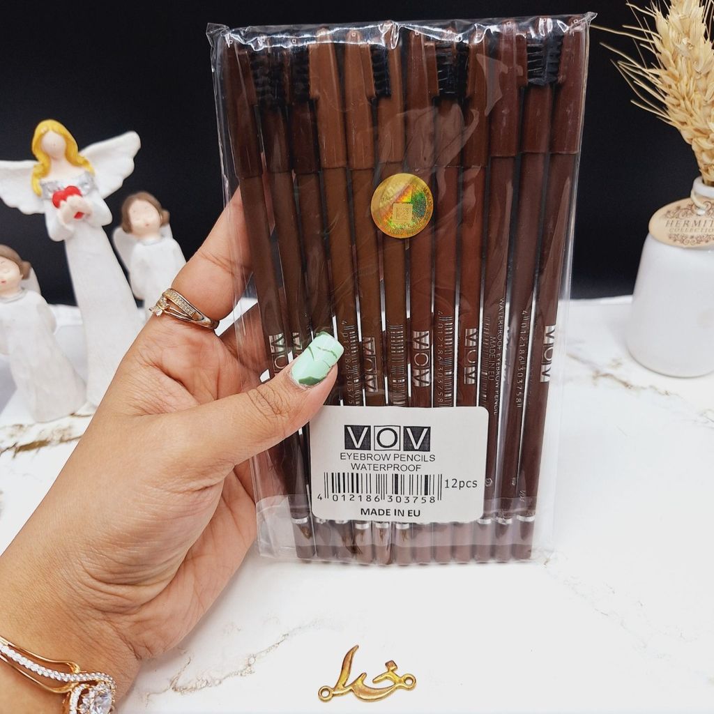 فروش اینترنتی مداد ابرو بسته 12 عددی همراه با فرچه برند واو VOV اورجینال