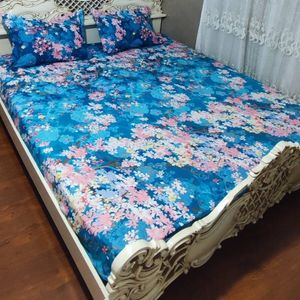 مشخصات روتختی دونفره کشدوزی شده ابی فیروزه ای شکوفه گل صورتی آبی