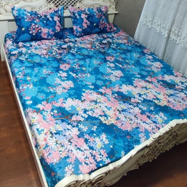 روتختی دونفره کشدوزی شده ابی فیروزه ای شکوفه گل صورتی آبی