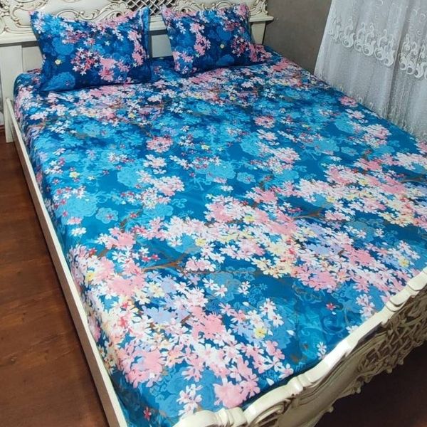 روتختی دونفره کشدوزی شده ابی فیروزه ای شکوفه گل صورتی آبی