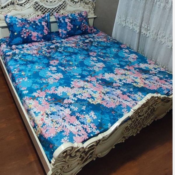 روتختی دونفره کشدوزی شده ابی فیروزه ای شکوفه گل صورتی آبی
