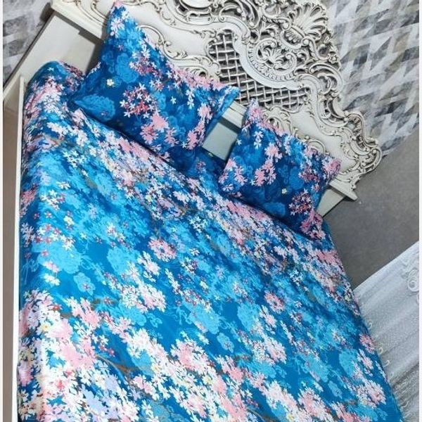 روتختی دونفره کشدوزی شده ابی فیروزه ای شکوفه گل صورتی آبی