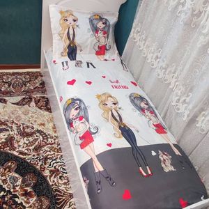 خرید اینترنتی روتختی کشدار دخترانه سفید زغال سنگی عروسک دار دِ بست 
