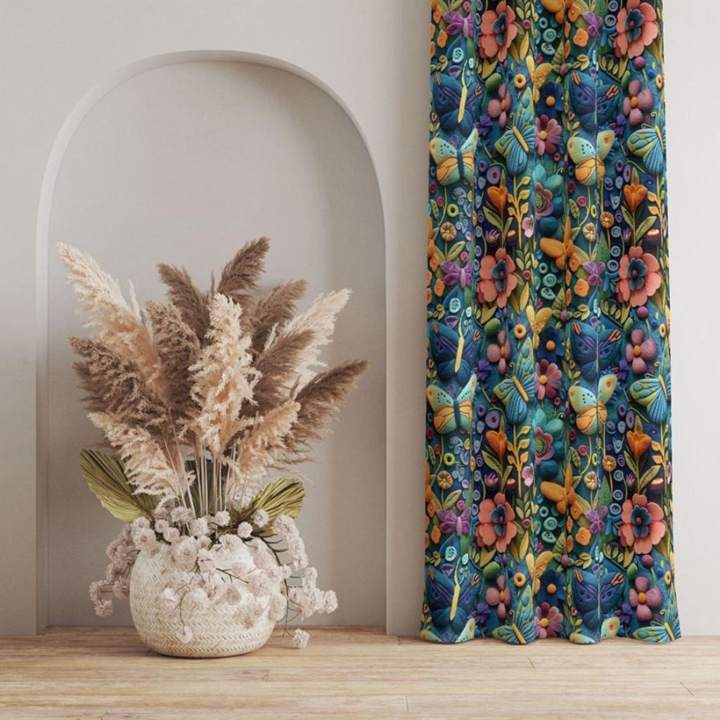 فروش اینترنتی پارچه مخمل روبالشی پارچه باما طرح 5 بعدی گل و پروانه  کد 5013547