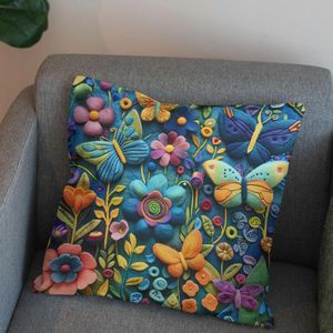 قیمت ارزان پارچه مخمل روبالشی پارچه باما طرح 5 بعدی گل و پروانه  کد 5013547