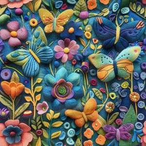 پارچه مخمل روبالشی پارچه باما طرح 5 بعدی گل و پروانه  کد 5013547