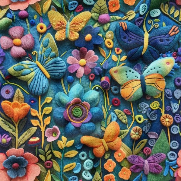 پارچه مخمل روبالشی پارچه باما طرح 5 بعدی گل و پروانه  کد 5013547