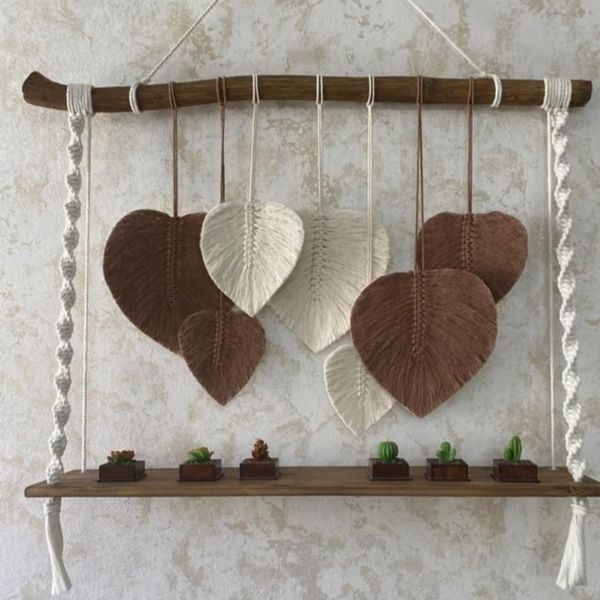 دیوارکوب شلف چوبی مکرومه طرح کمند