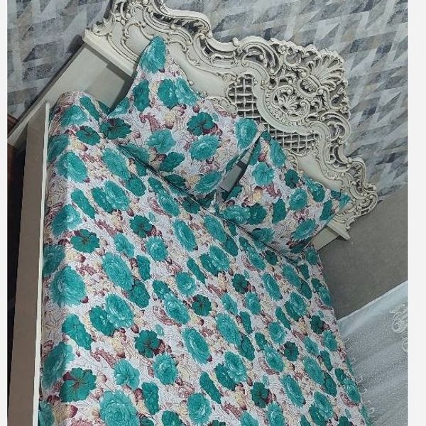 ملحفه دورتادور کشدوزی شده تخت دونفره گلدار سبز ابی
