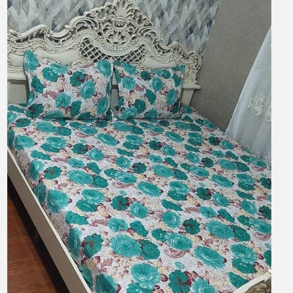 فروش اینترنتی ملحفه دورتادور کشدوزی شده تخت دونفره گلدار سبز ابی