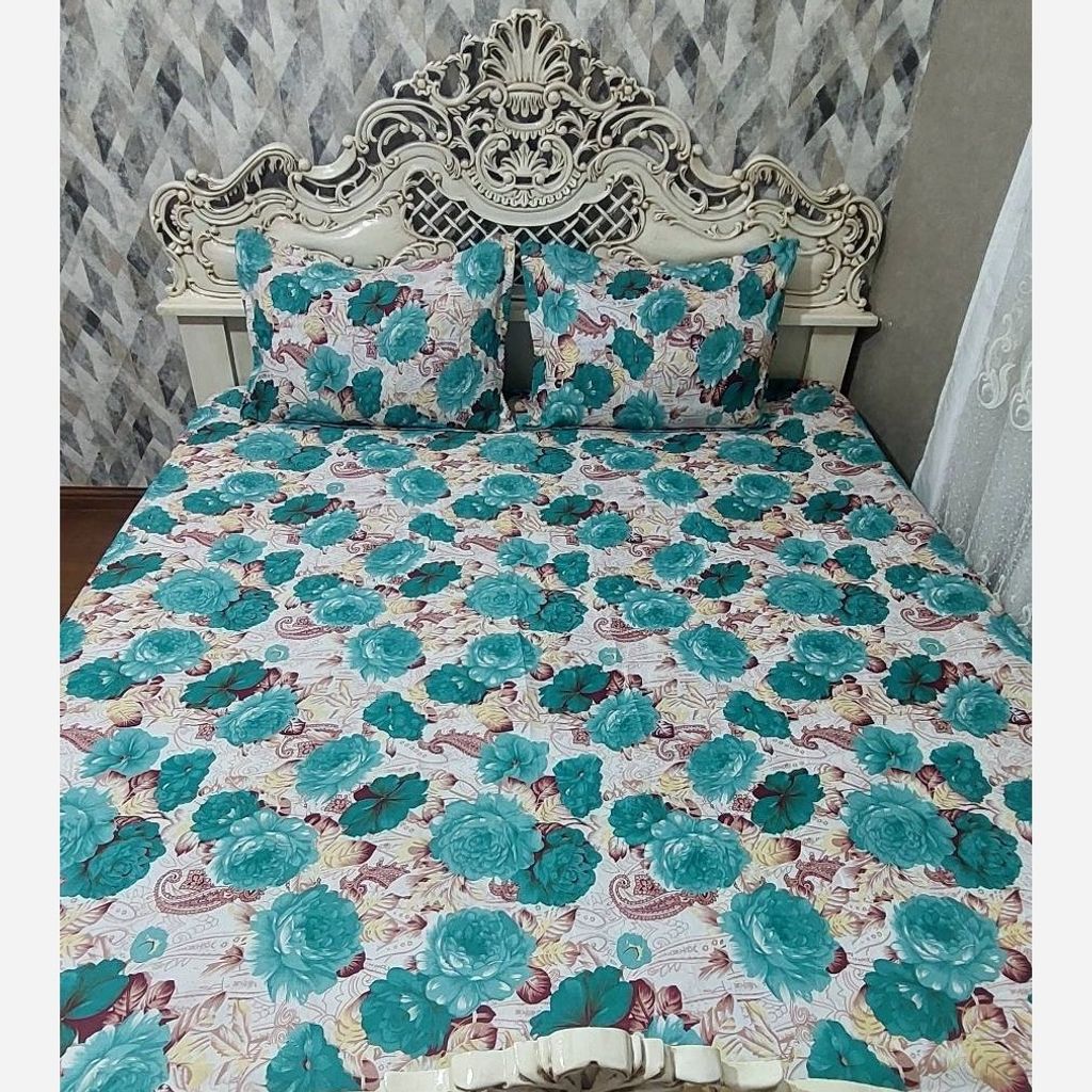 مشخصات ملحفه دورتادور کشدوزی شده تخت دونفره گلدار سبز ابی