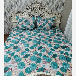 مشخصات ملحفه دورتادور کشدوزی شده تخت دونفره گلدار سبز ابی