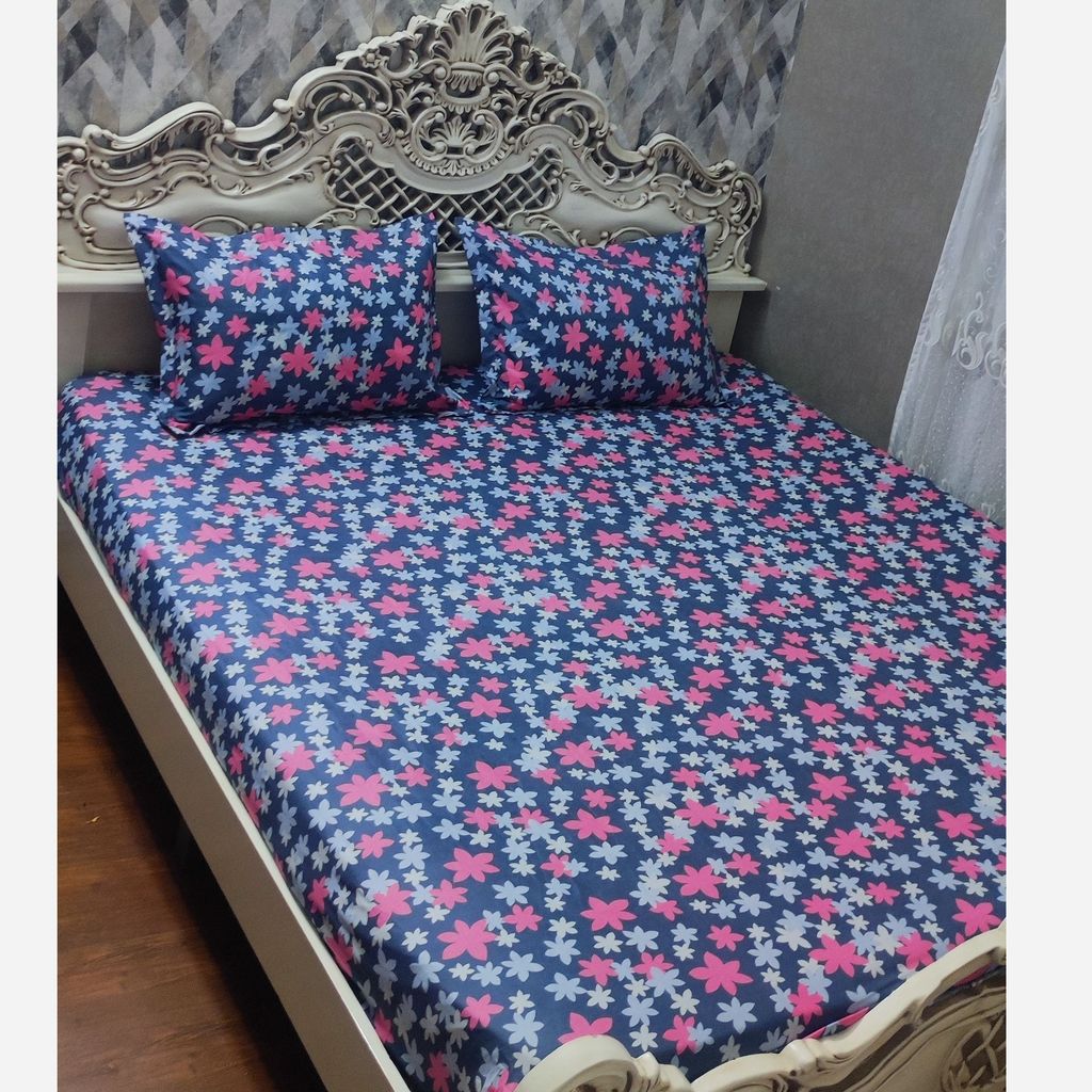 خرید انلاین روتختی نیم ست دونفره گل صورتی زمینه طوسی