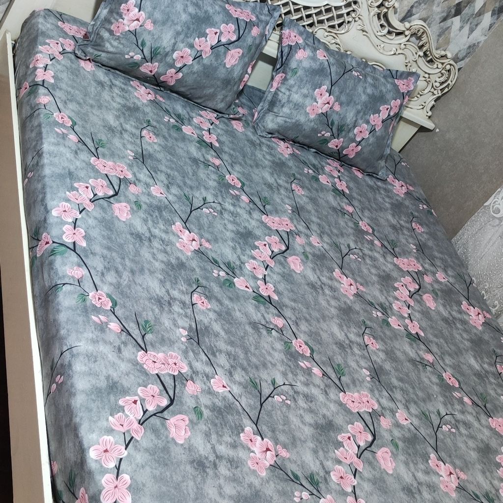 فروش اینترنتی روتختی نیم ست دونفره گل صورتی زمینه طوسیo