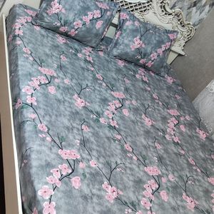 فروش اینترنتی روتختی نیم ست دونفره گل صورتی زمینه طوسیo
