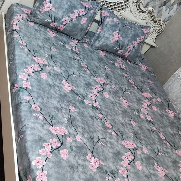 روتختی نیم ست دونفره گل صورتی زمینه طوسیo
