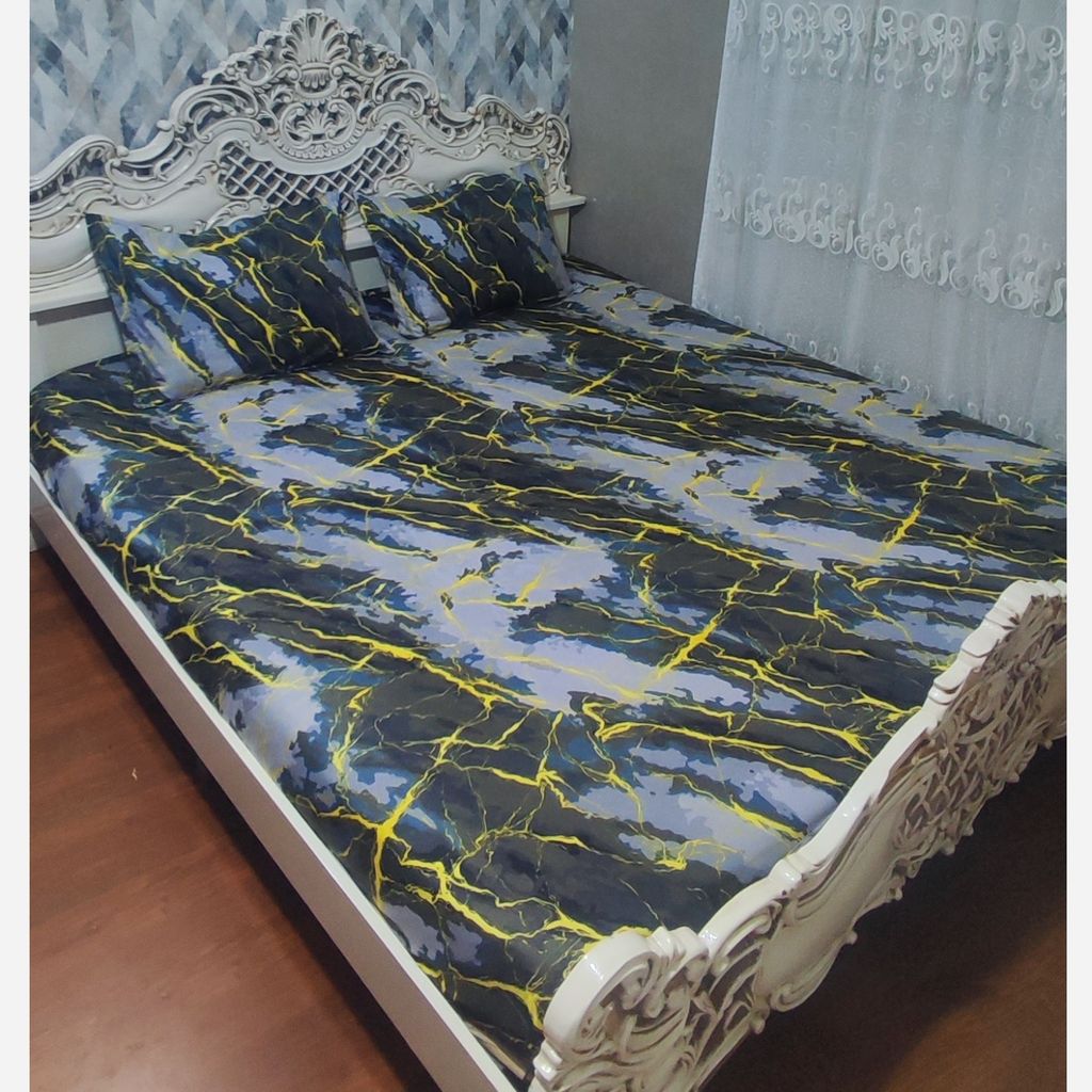مشخصات نیم ست روتختی،ملحفه تخت دونفره ماربل سنگی سورمه ای تیره