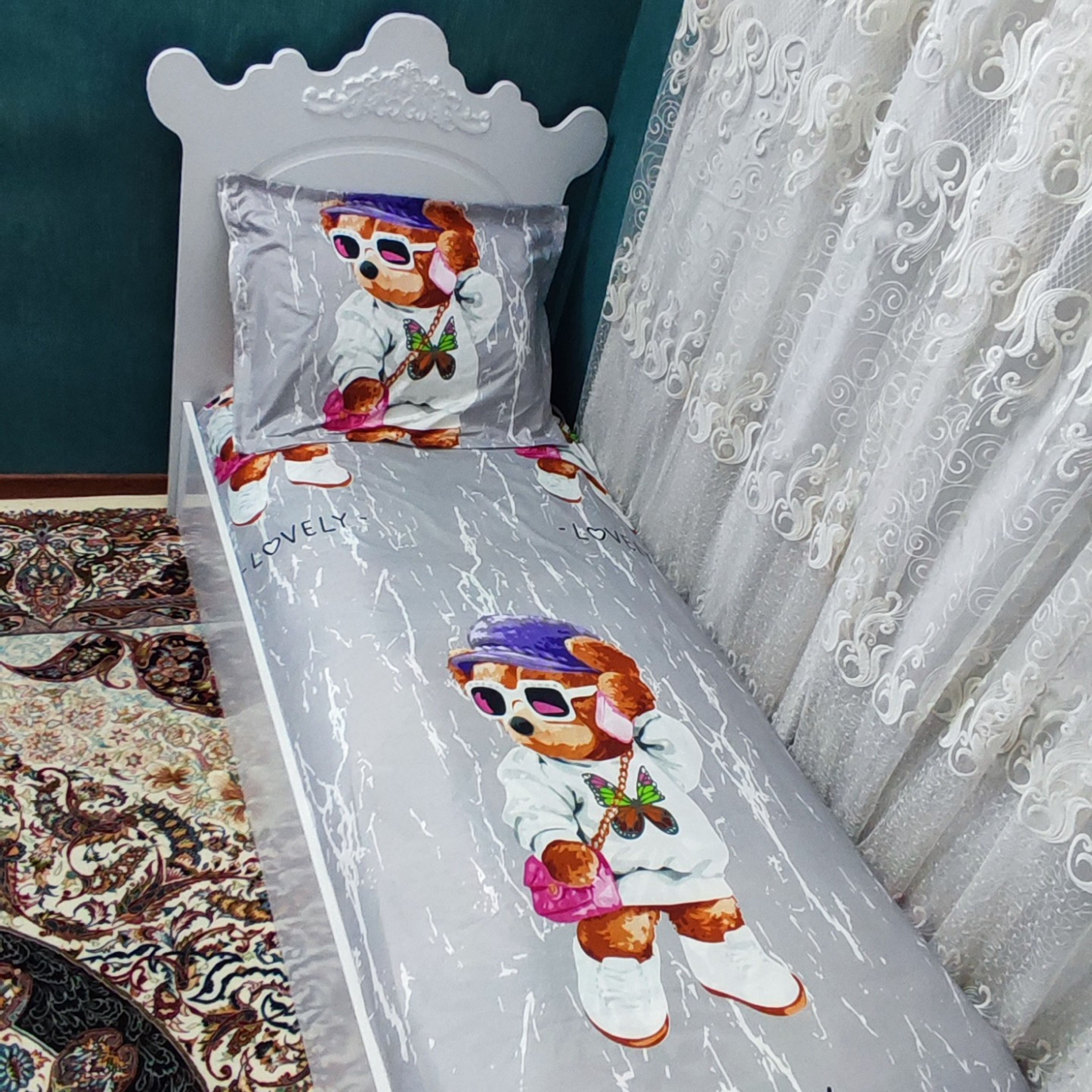 خرید اینترنتی ملحفه دورکش تخت تک نفره طرح تدی دخترانه