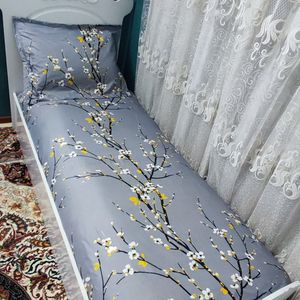 فروش اینترنتی ملحفه کشدوزی شده تشک یک نفره تخت شکوفه طوسی روشن