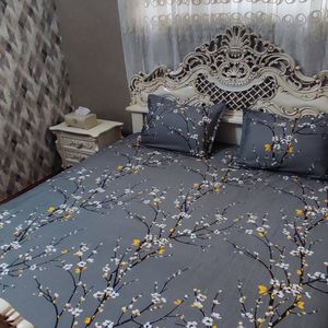 خرید اینترنتی کاور دورتا دور کشدار تشک تخت دونفره طرح شکوفه طوسی تیره 