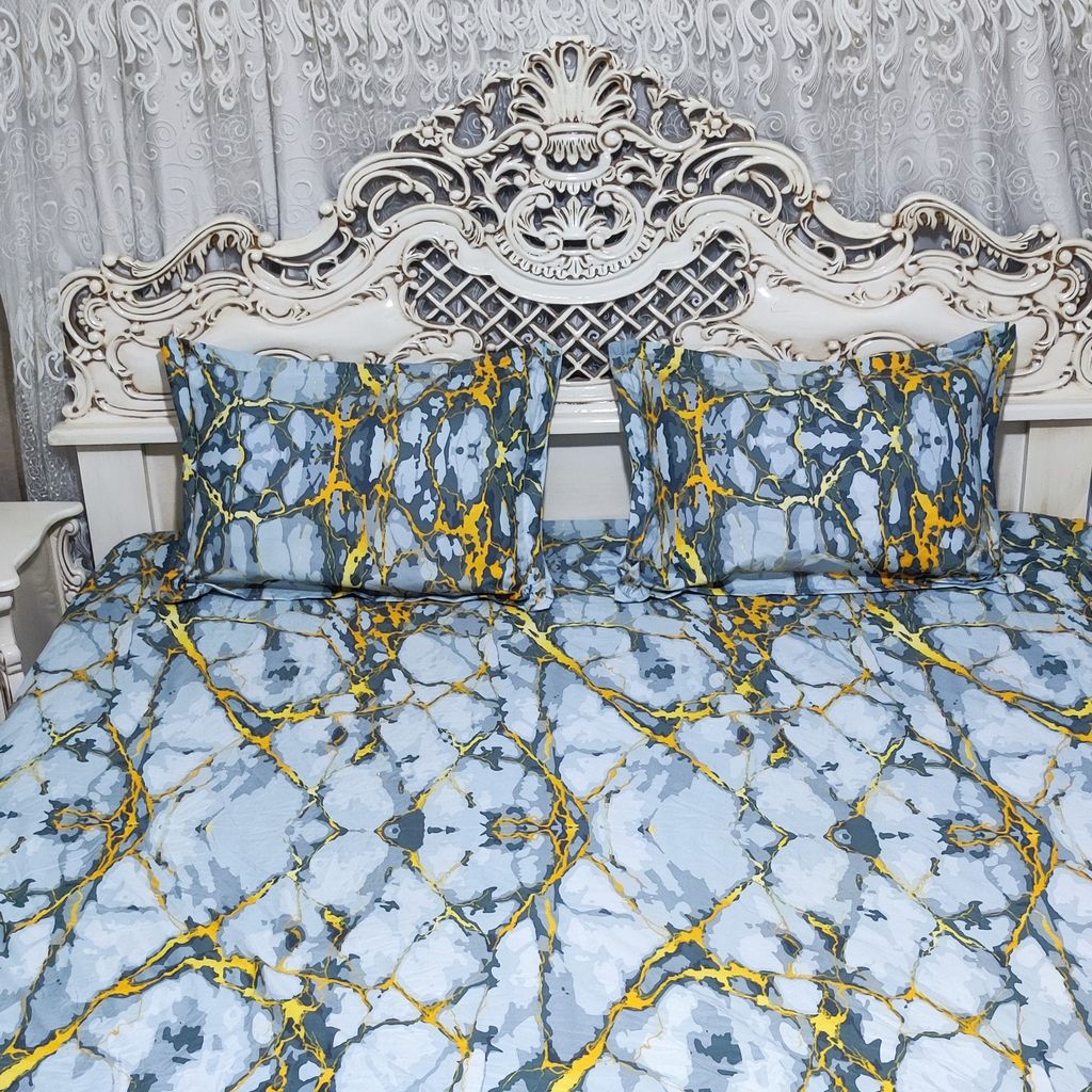 مشخصات روتختی ملحفه کشدار و روبالش طرح ماربل سفید دونفره