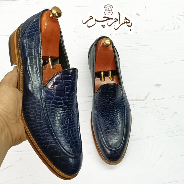 کفش مردانه  کالج چرم طبیعی دست دوز کاپری کروکودیلی سرمه ای