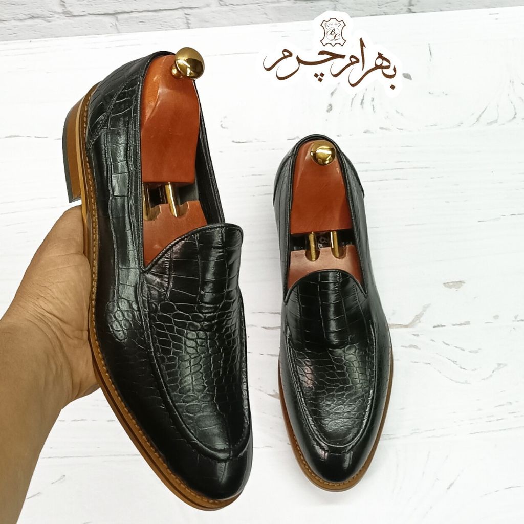 قیمت ارزان کفش مردانه  کالج چرم طبیعی دست دوز کاپری کروکودیلی مشکی