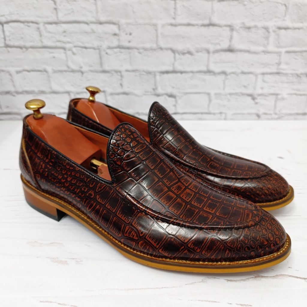 خرید اینترنتی کفش مردانه کالج چرم طبیعی دست دوز کاپری کروکودیلی قهوه ای