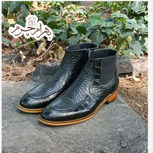 خرید اینترنتی نیم بوت مردانه چرم طبیعی مشکی آلپاین زیگزالی کروکودیلی
