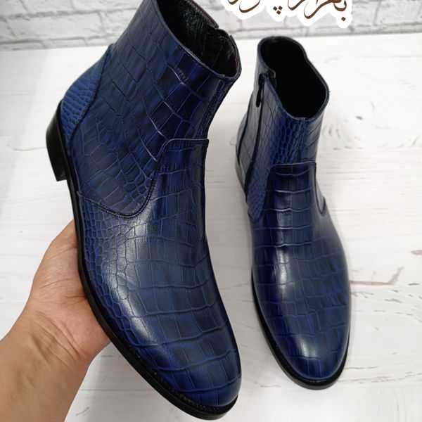 نیم بوت مردانه اسپرت چرم طبیعی مدل آلپاین کروکودیلی سرمه ای