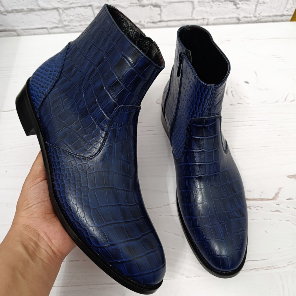 خرید اینترنتی نیم بوت مردانه اسپرت چرم طبیعی مدل آلپاین کروکودیلی سرمه ای