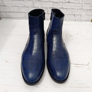 فروش اینترنتی نیم بوت مردانه اسپرت چرم طبیعی مدل آلپاین کروکودیلی سرمه ای