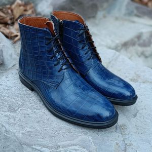 مشخصات نیم بوت مردانه اسپرت چرم طبیعی مدل البرز کروکودیلی سرمه ای