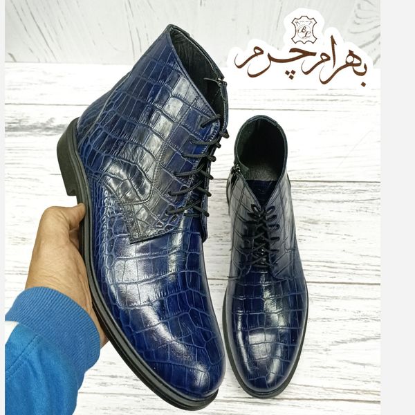 نیم بوت مردانه اسپرت چرم طبیعی مدل البرز کروکودیلی سرمه ای